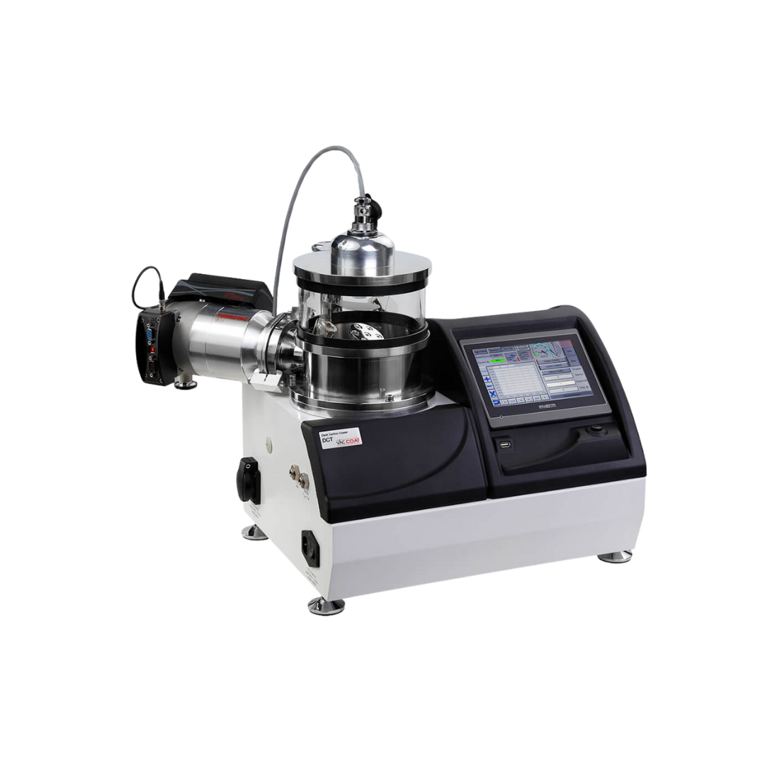 DCT – Coater a carbonio turbo-pompato per SEM e TEM, con touch screen e configurazioni flessibili per deposizioni uniformi ad alta risoluzione