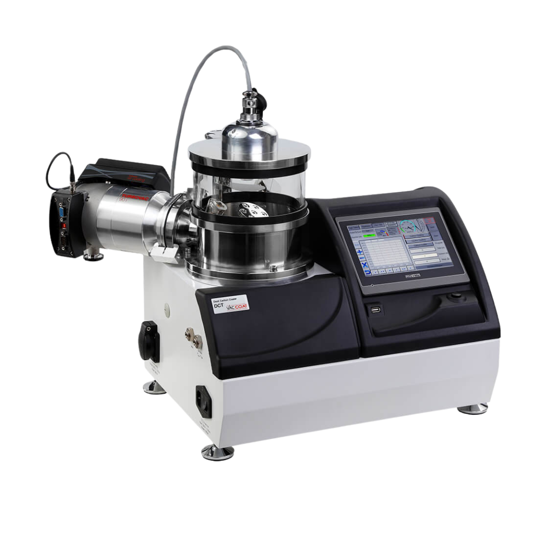 DCT – Coater a carbonio turbo-pompato per SEM e TEM, con touch screen e configurazioni flessibili per deposizioni uniformi ad alta risoluzione