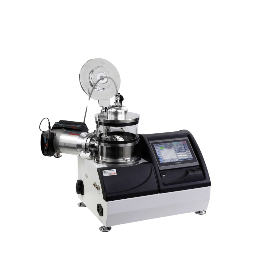 DSCT sputter e carbon coater ad alto vuoto, con testine intercambiabili, per preparazione di campioni SEM con film sottili e uniformi