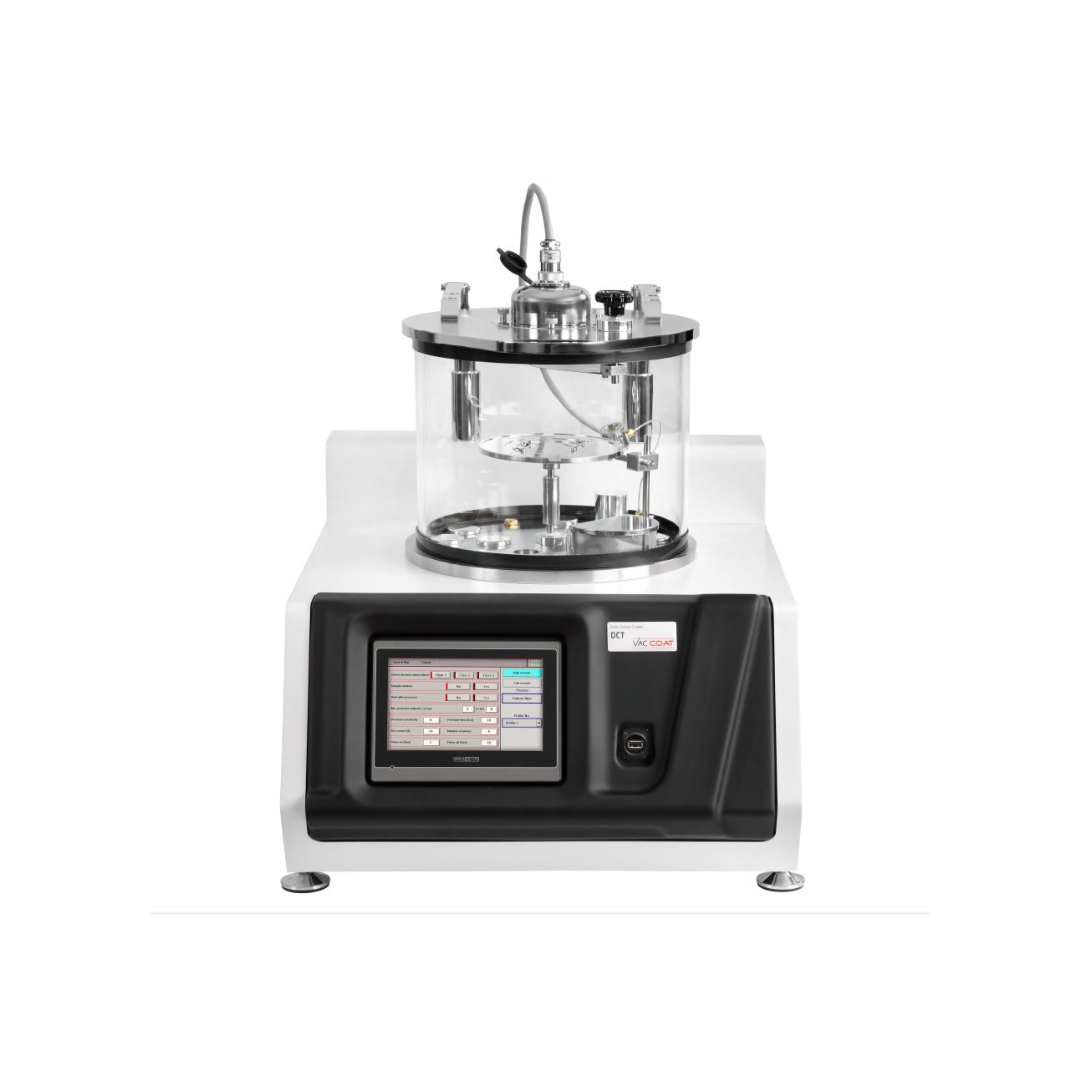 Sputter coater DCT-300: sistema ad alto vuoto per deposizione di carbonio, ideale per campioni fino a 15 cm, con camera cilindrica e controllo touch screen