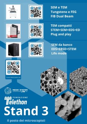 Flyer di Media System Lab per la Convention scientifica Telethon 2025, Stand 3