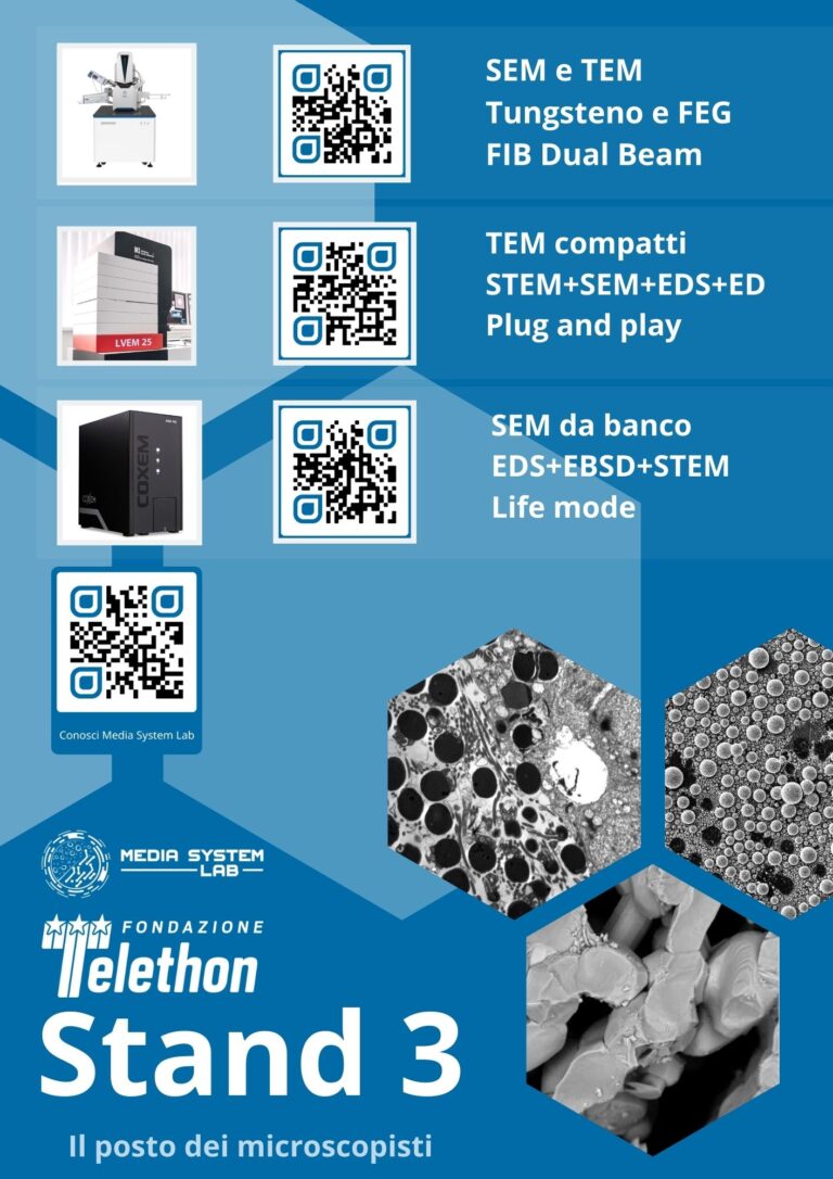 Flyer di Media System Lab per la Convention scientifica Telethon 2025, Stand 3