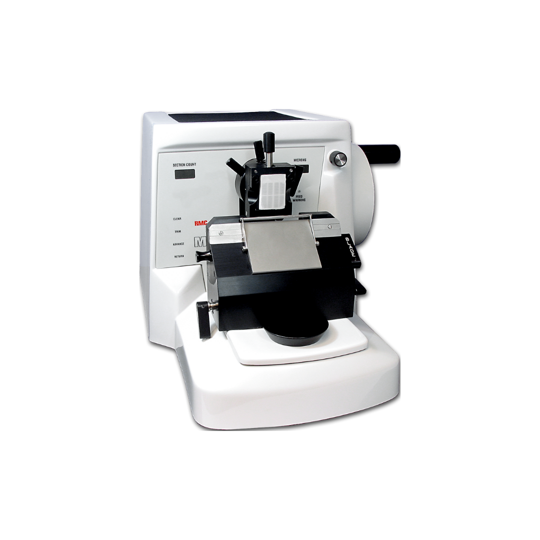 Microtomo rotativo manuale MR2, strumento affidabile per istologia e preparazione di materiali, con avanzamento elettronico e sezionamento preciso.
