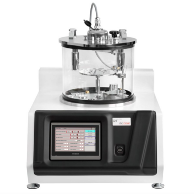 Sputter coater DCT-300: sistema ad alto vuoto per deposizione di carbonio, ideale per campioni fino a 15 cm, con camera cilindrica e controllo touch screen
